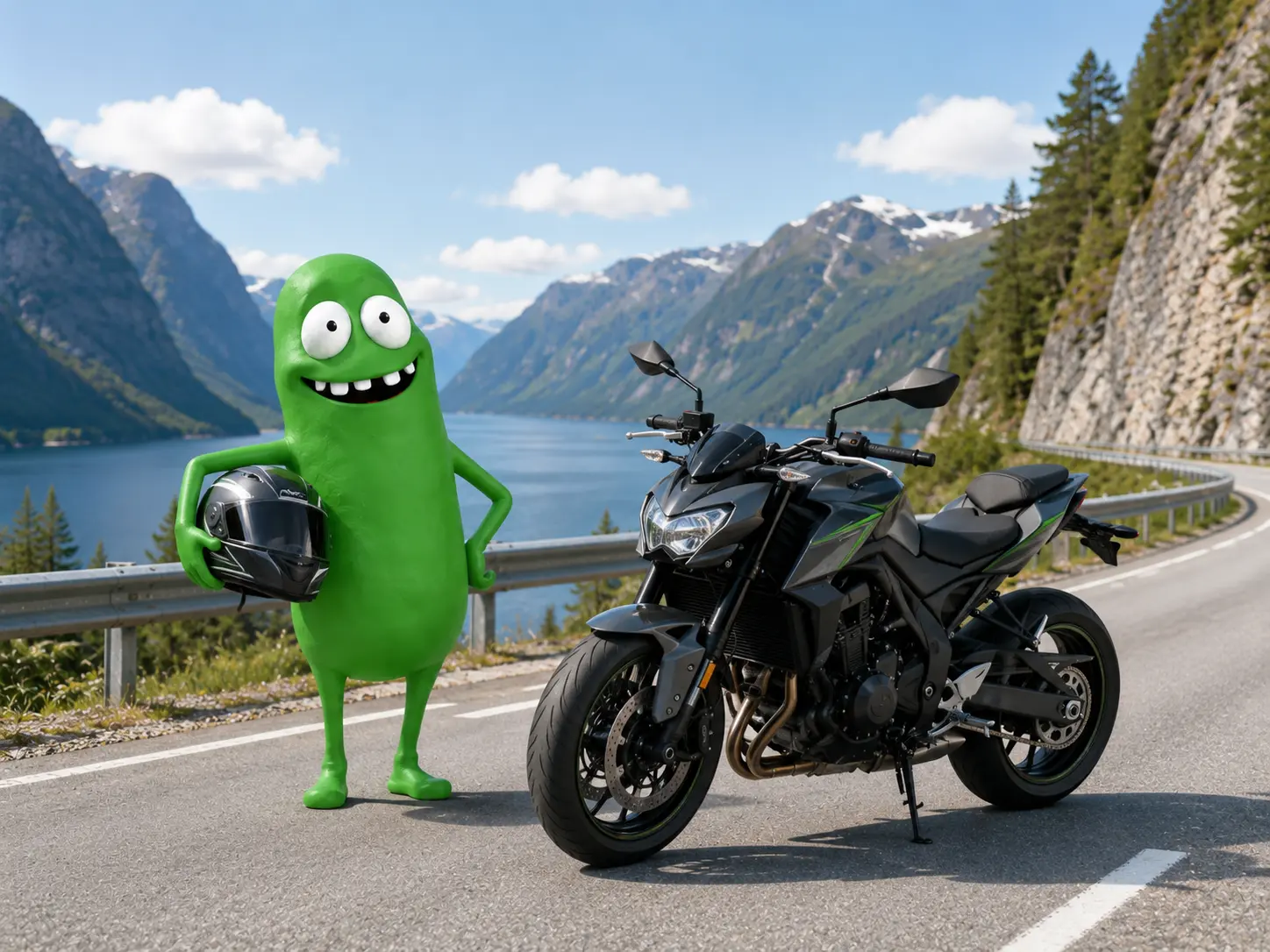 Maskotten med hjelm ved siden av en motorsykkel