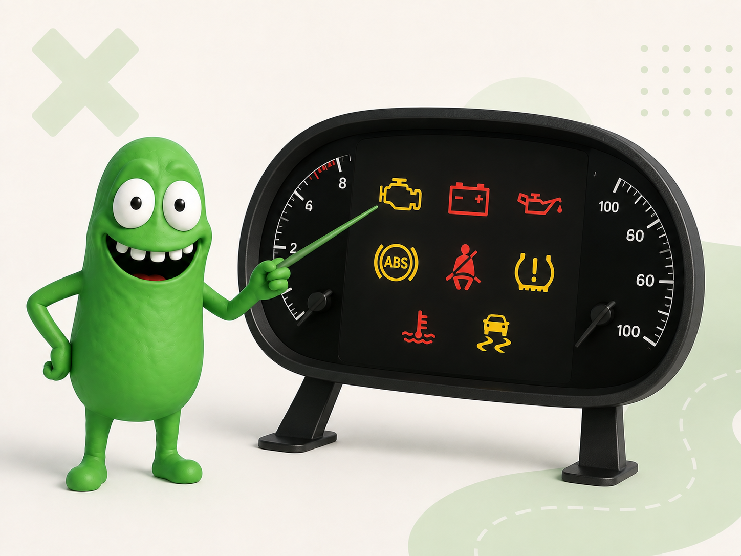 Maskot peker på et instrumentpanel med varsellamper for motor, batteri, olje, ABS og bilbelte