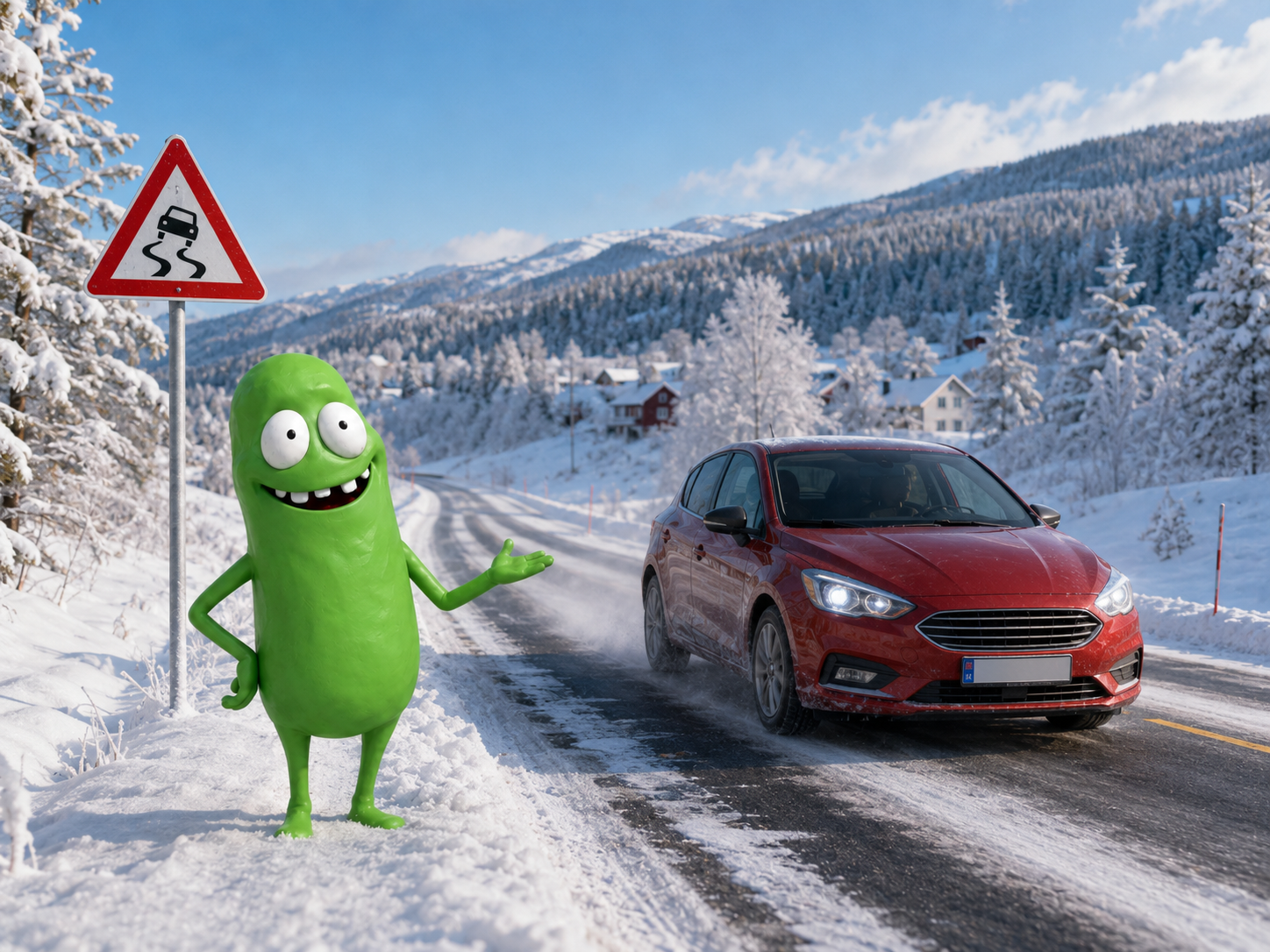 Snødekt norsk fjellvei med skilt for glatt kjørebane og en rød bil i fart
