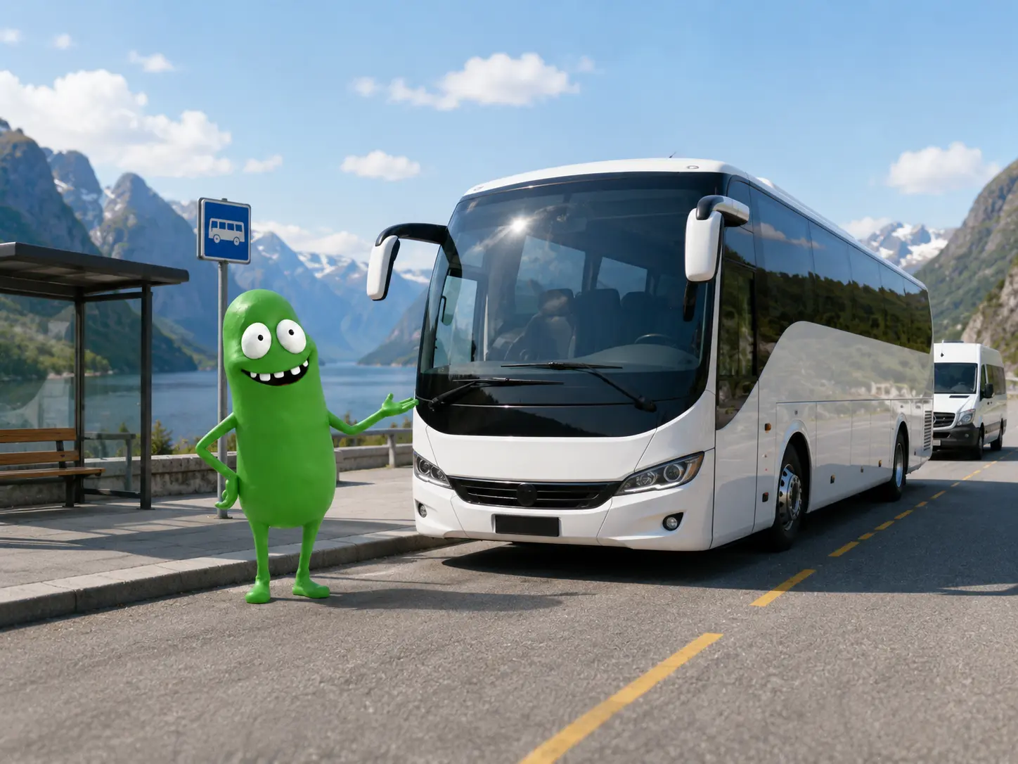 Maskotten ved en buss på en holdeplass
