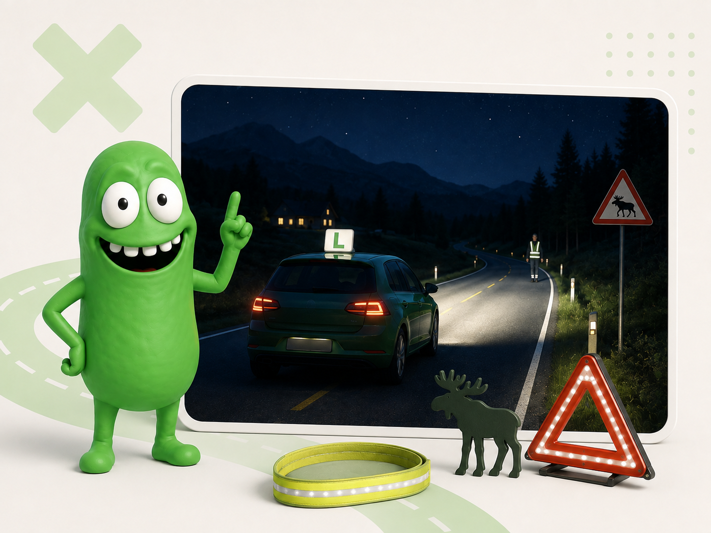 Maskot ved en skjerm som viser nattkjøring på norsk landevei med elgskilt, refleks og varseltrekant