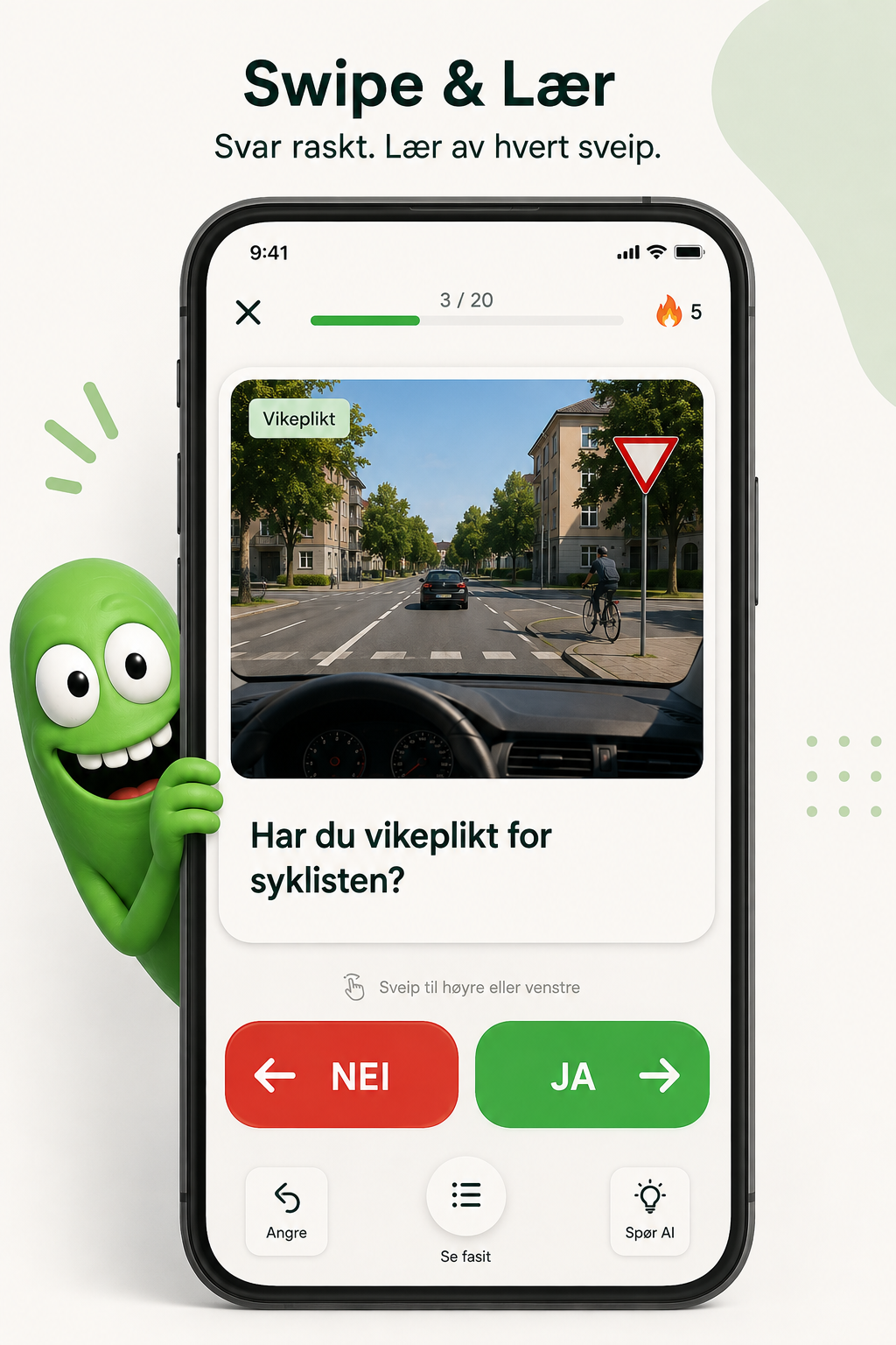 Mobilskjerm med Swipe og Lær: en trafikksituasjon med vikepliktskilt og knappene NEI til venstre og JA til høyre
