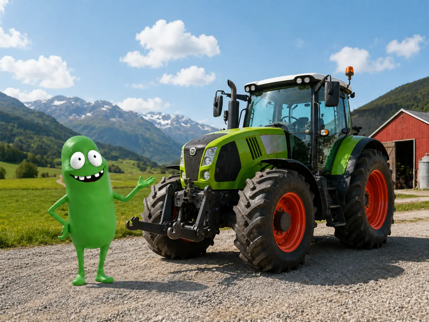 Maskotten ved siden av en traktor på en gård