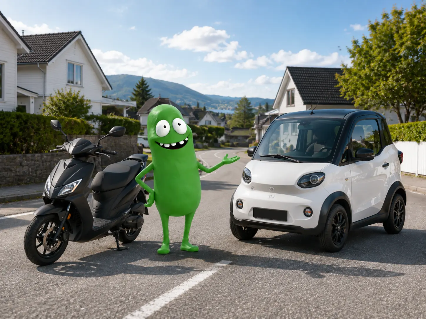 Maskotten mellom en moped og en mopedbil i et boligstrøk